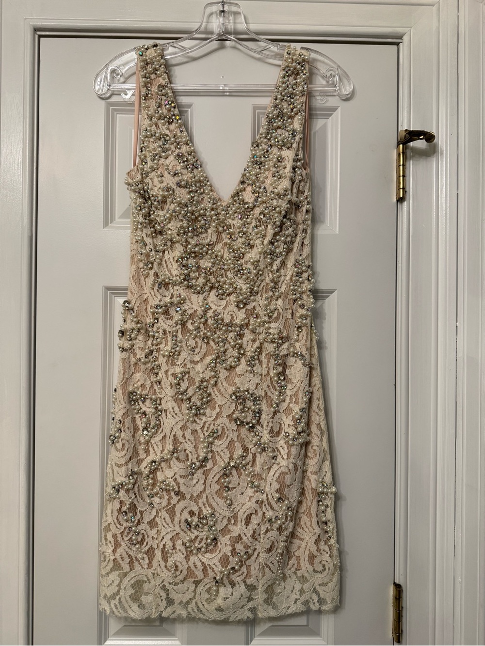 Jovani Beaded Lace Mini Dress in Blush and Ivory